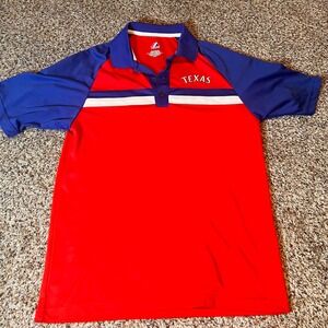Majestic Texas Rangers‎ Polo Shirt MLB Baseball Red Blue Colorblock Size M